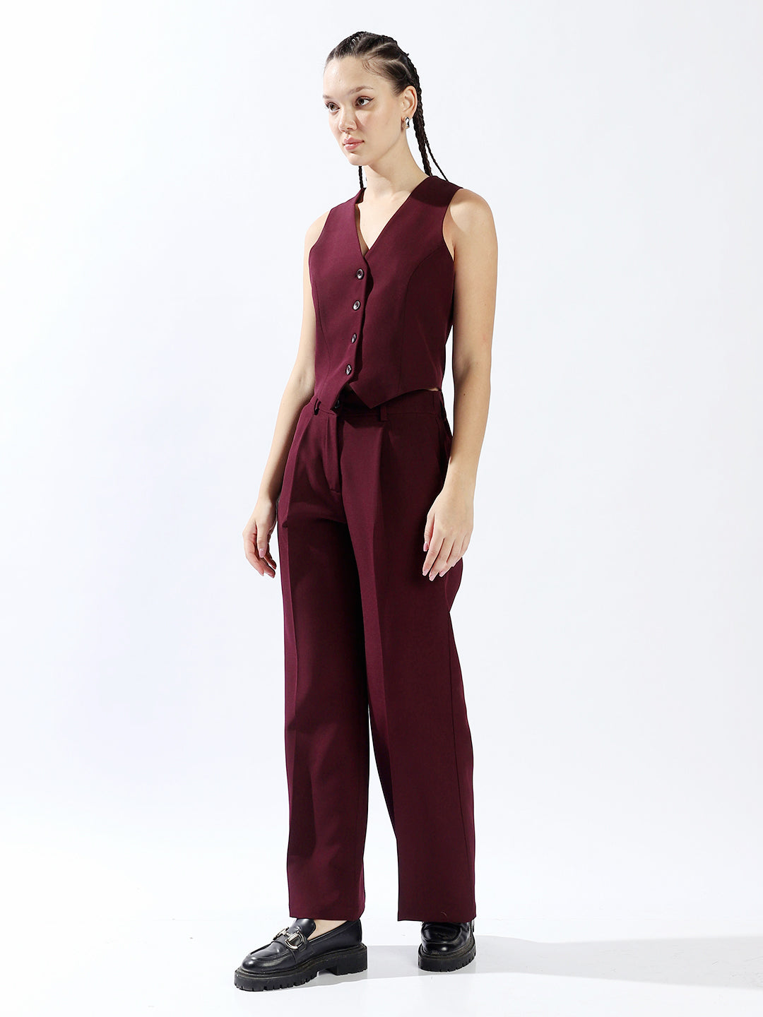 High Star Women Solid Tailored Fit Wide leg High-Rise V-Neck Waist coat and Trouser Co-ords