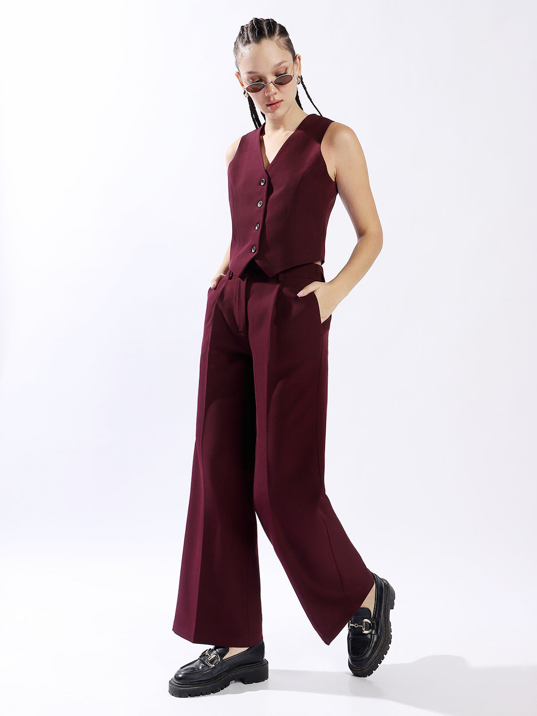 High Star Women Solid Tailored Fit Wide leg High-Rise V-Neck Waist coat and Trouser Co-ords