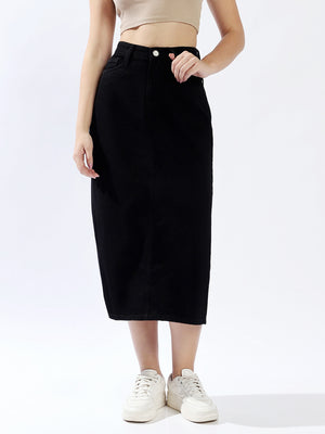 High Star Women Washed Midi Pencil  High-Rise side slit Denim Skirt