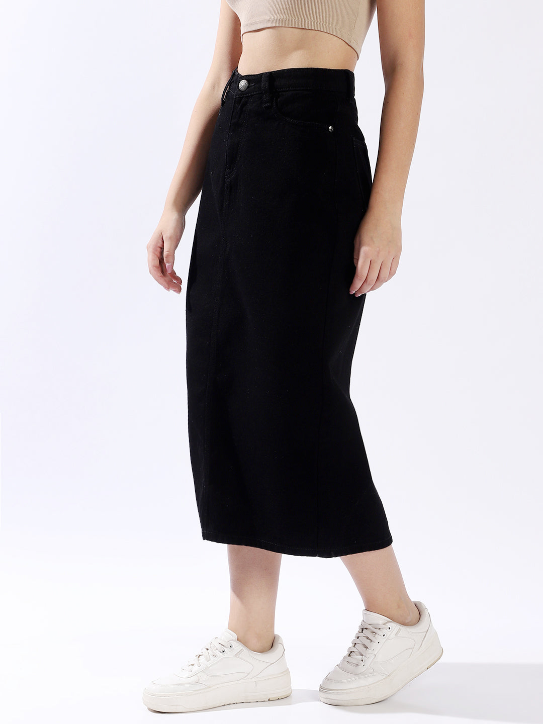 High Star Women Washed Midi Pencil  High-Rise side slit Denim Skirt