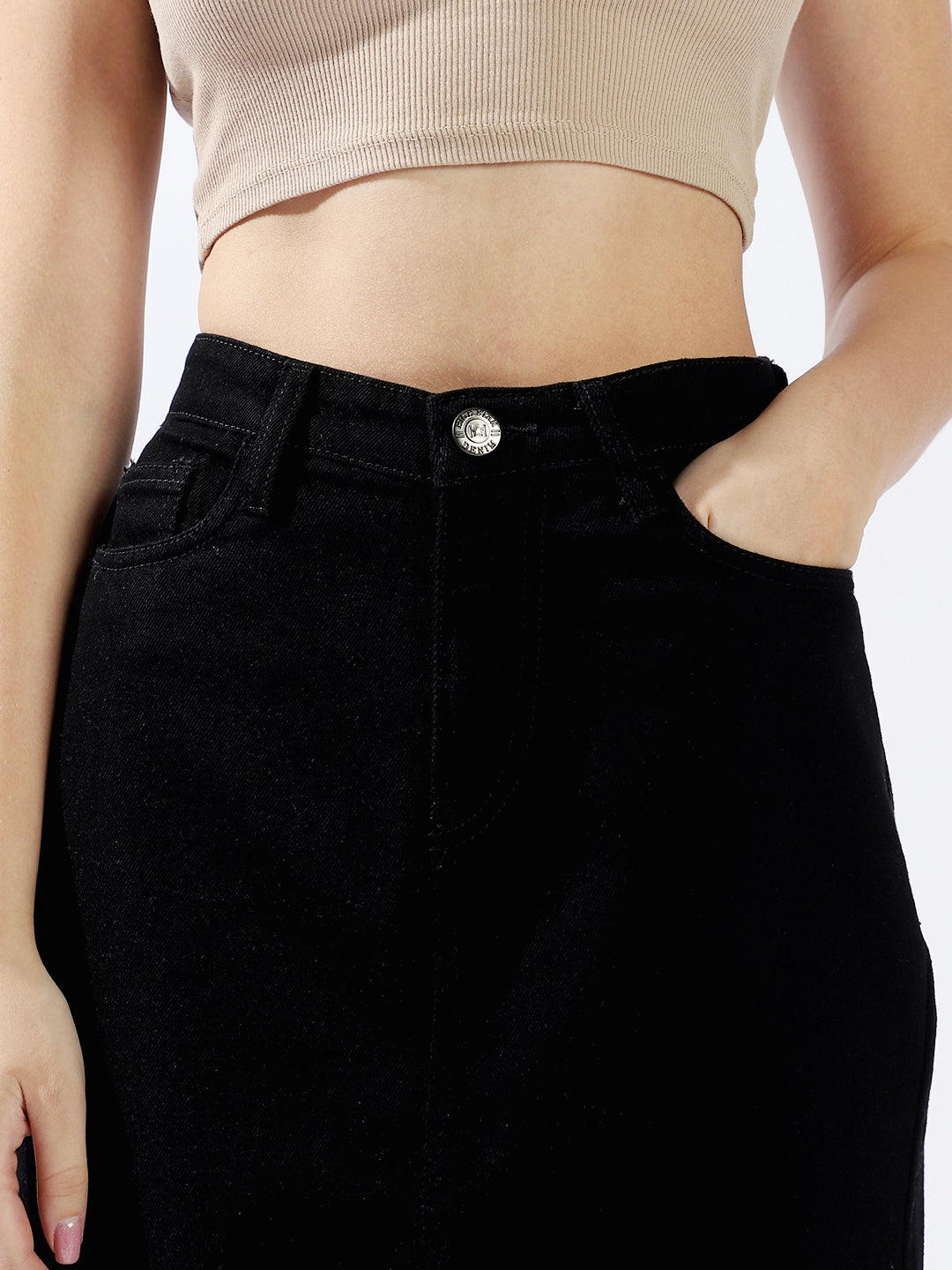 High Star Women Washed Midi Pencil  High-Rise side slit Denim Skirt