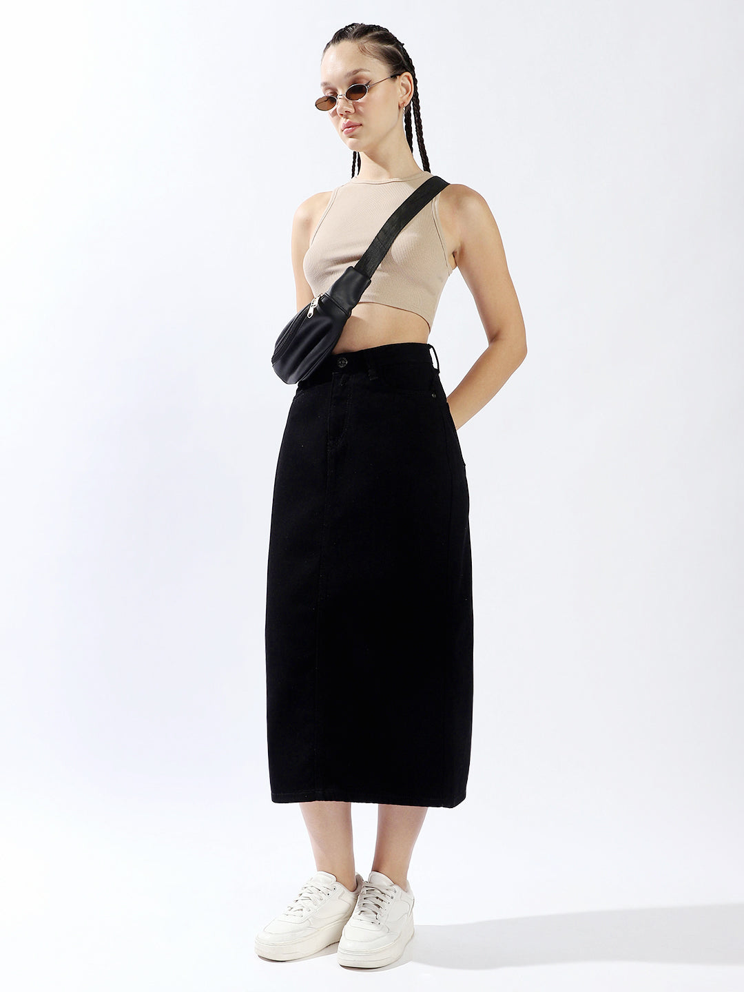 High Star Women Washed Midi Pencil  High-Rise side slit Denim Skirt