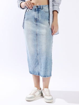 High Star Women Washed Midi Pencil  High-Rise side slit Denim Skirt