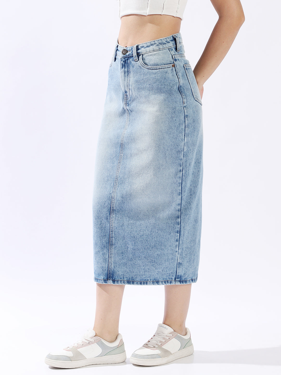 High Star Women Washed Midi Pencil  High-Rise side slit Denim Skirt