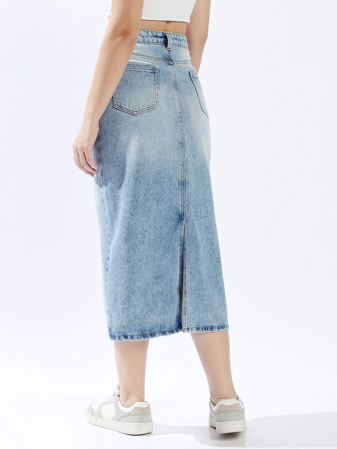 High Star Women Washed Midi Pencil  High-Rise side slit Denim Skirt