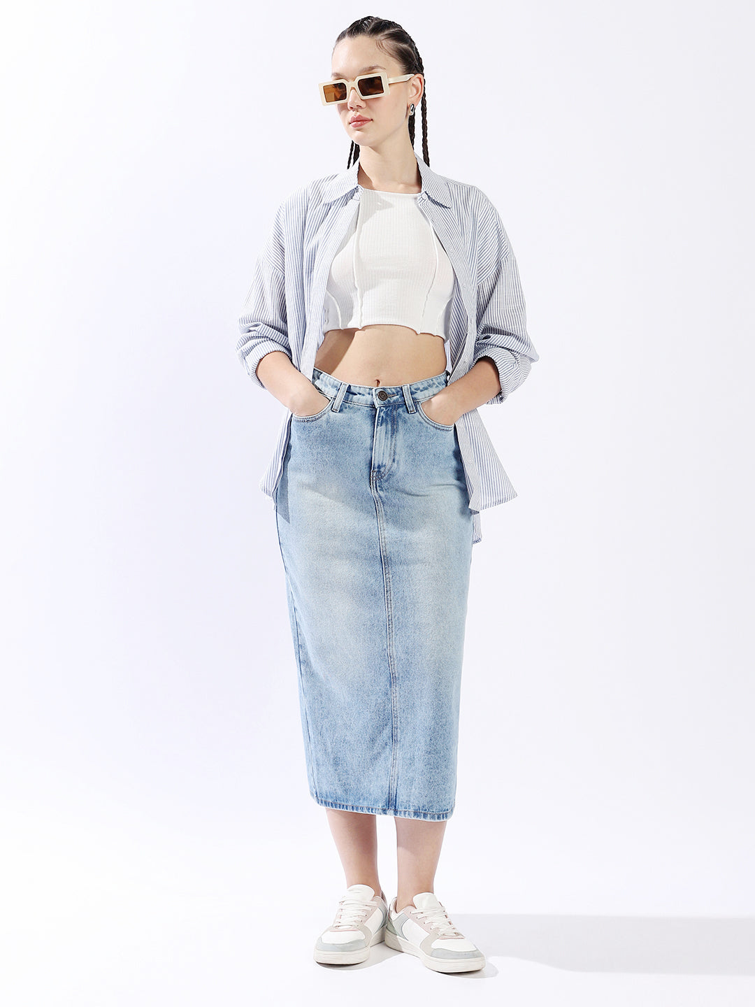 High Star Women Washed Midi Pencil  High-Rise side slit Denim Skirt