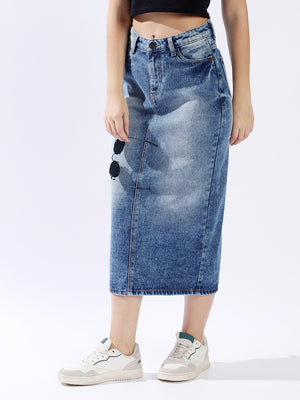High Star Women Washed Midi Pencil  High-Rise side slit Denim Skirt