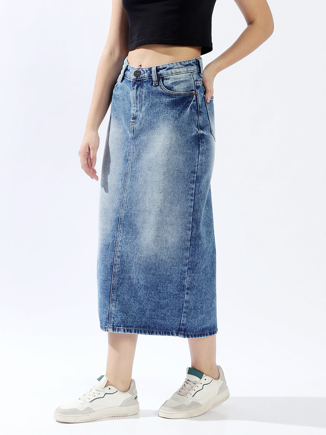 High Star Women Washed Midi Pencil  High-Rise side slit Denim Skirt