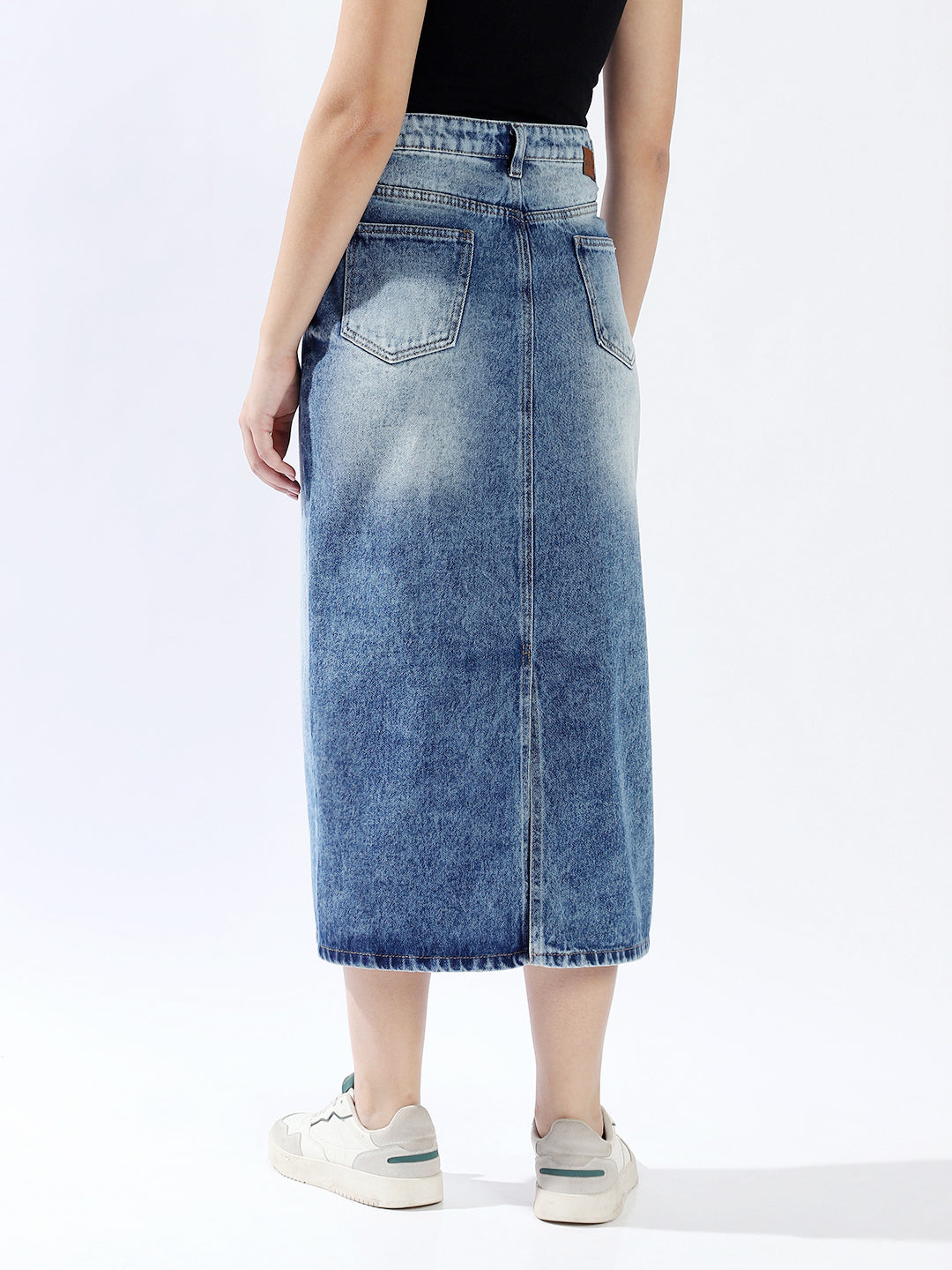 High Star Women Washed Midi Pencil  High-Rise side slit Denim Skirt