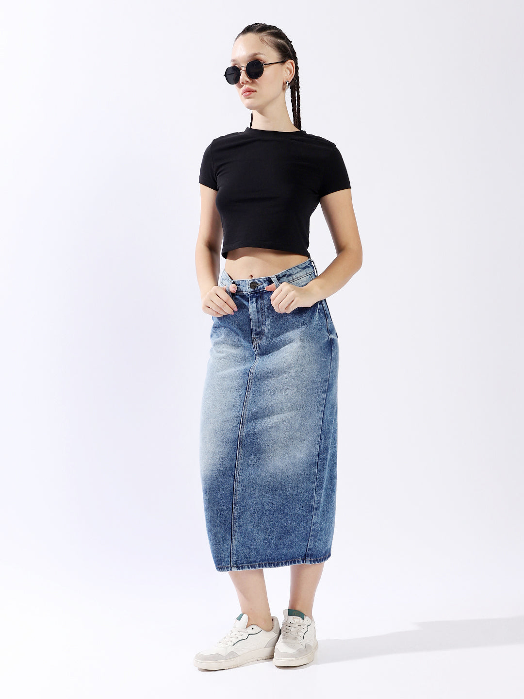 High Star Women Washed Midi Pencil  High-Rise side slit Denim Skirt