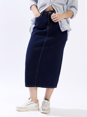 High Star Women Washed Midi Pencil  High-Rise side slit Denim Skirt