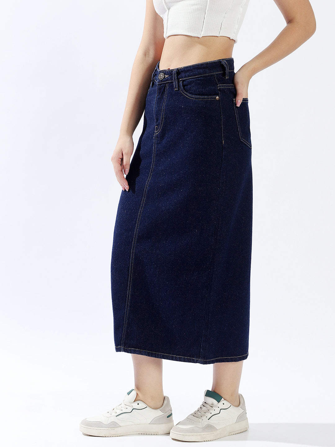 High Star Women Washed Midi Pencil  High-Rise side slit Denim Skirt