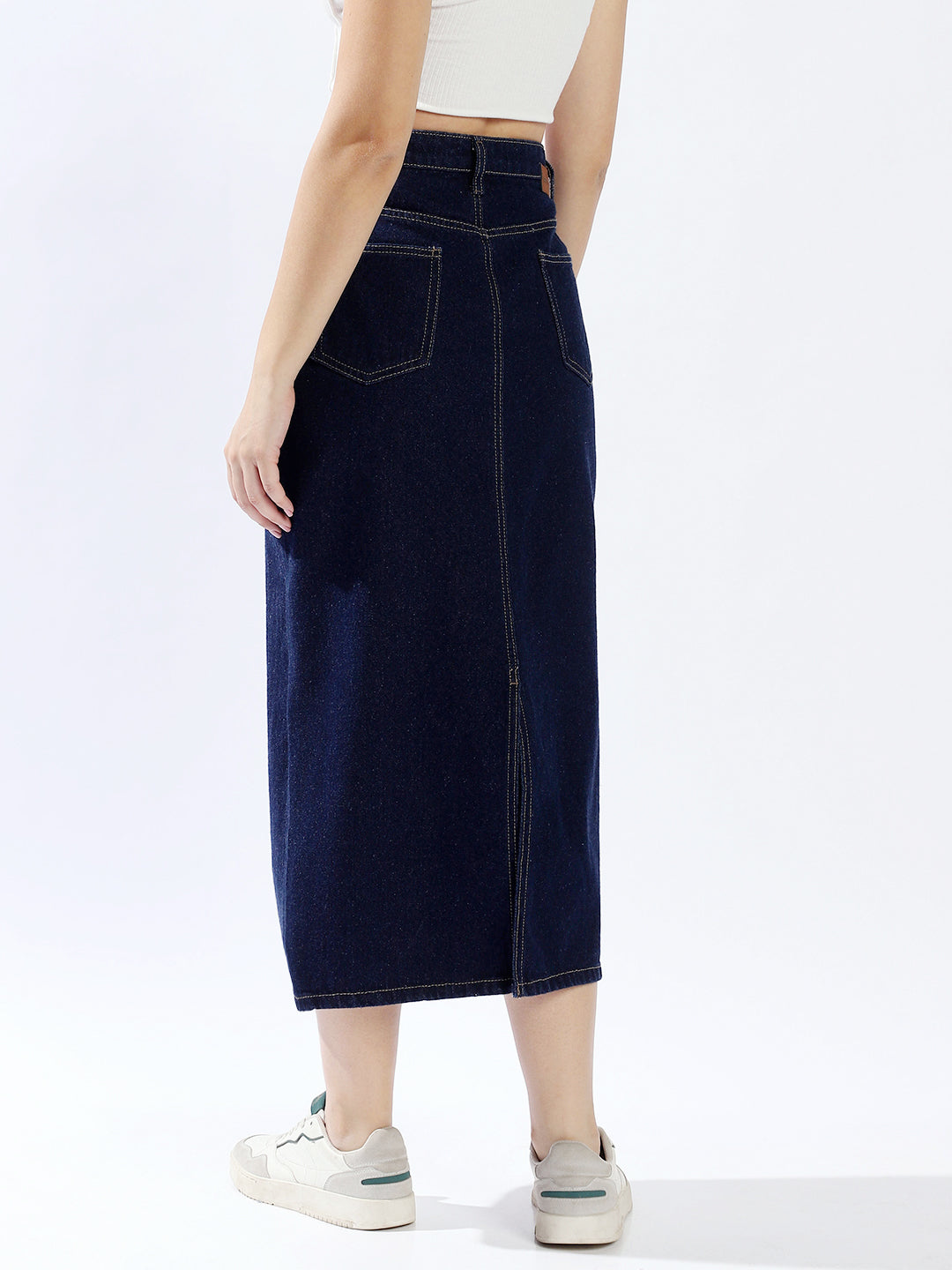 High Star Women Washed Midi Pencil  High-Rise side slit Denim Skirt
