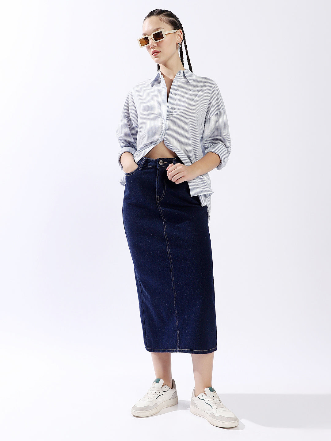 High Star Women Washed Midi Pencil  High-Rise side slit Denim Skirt