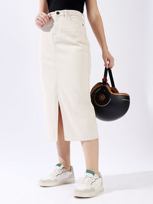 High Star Women Washed Midi Pencil  High-Rise side slit Denim Skirt