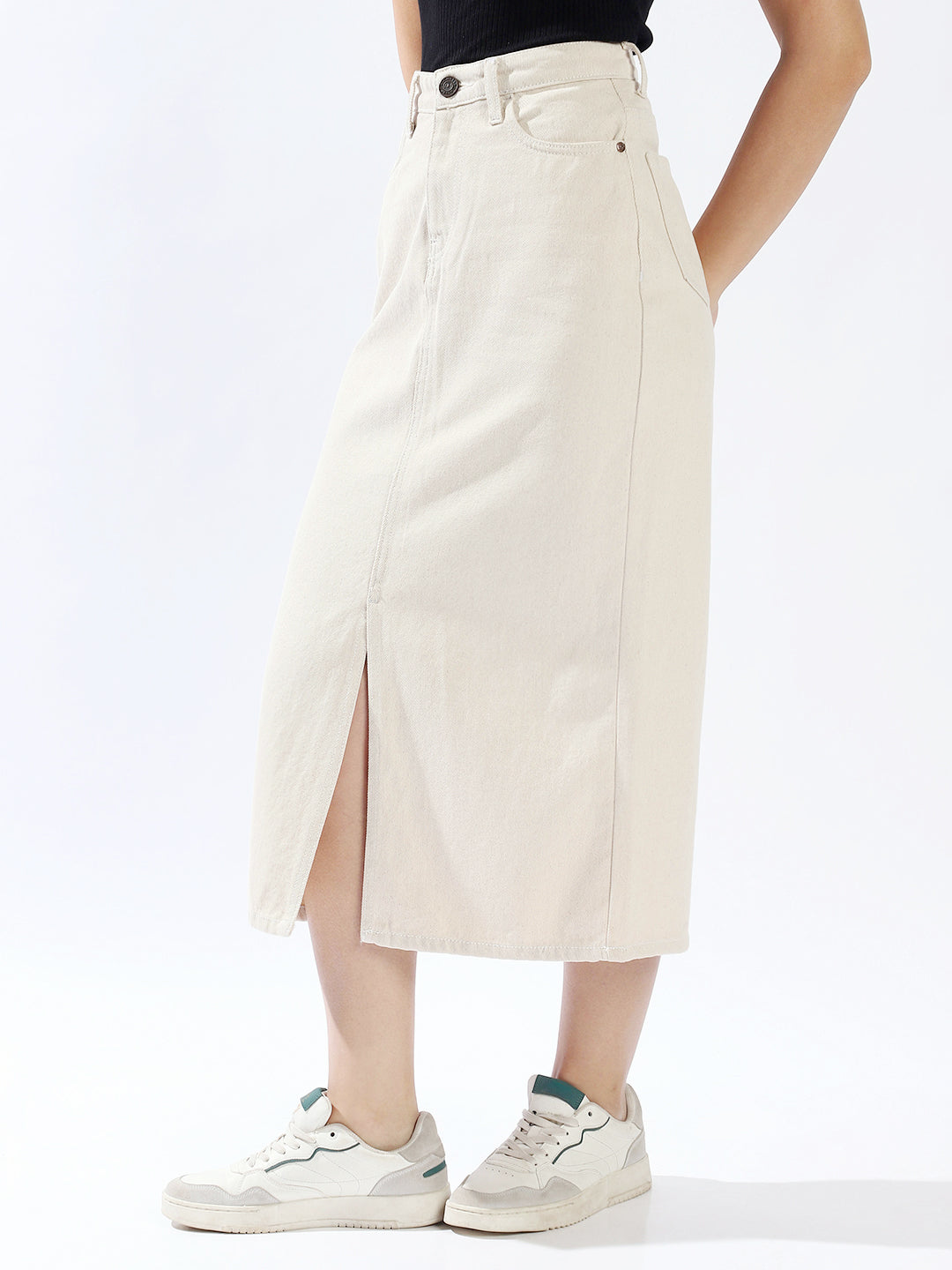 High Star Women Washed Midi Pencil  High-Rise side slit Denim Skirt