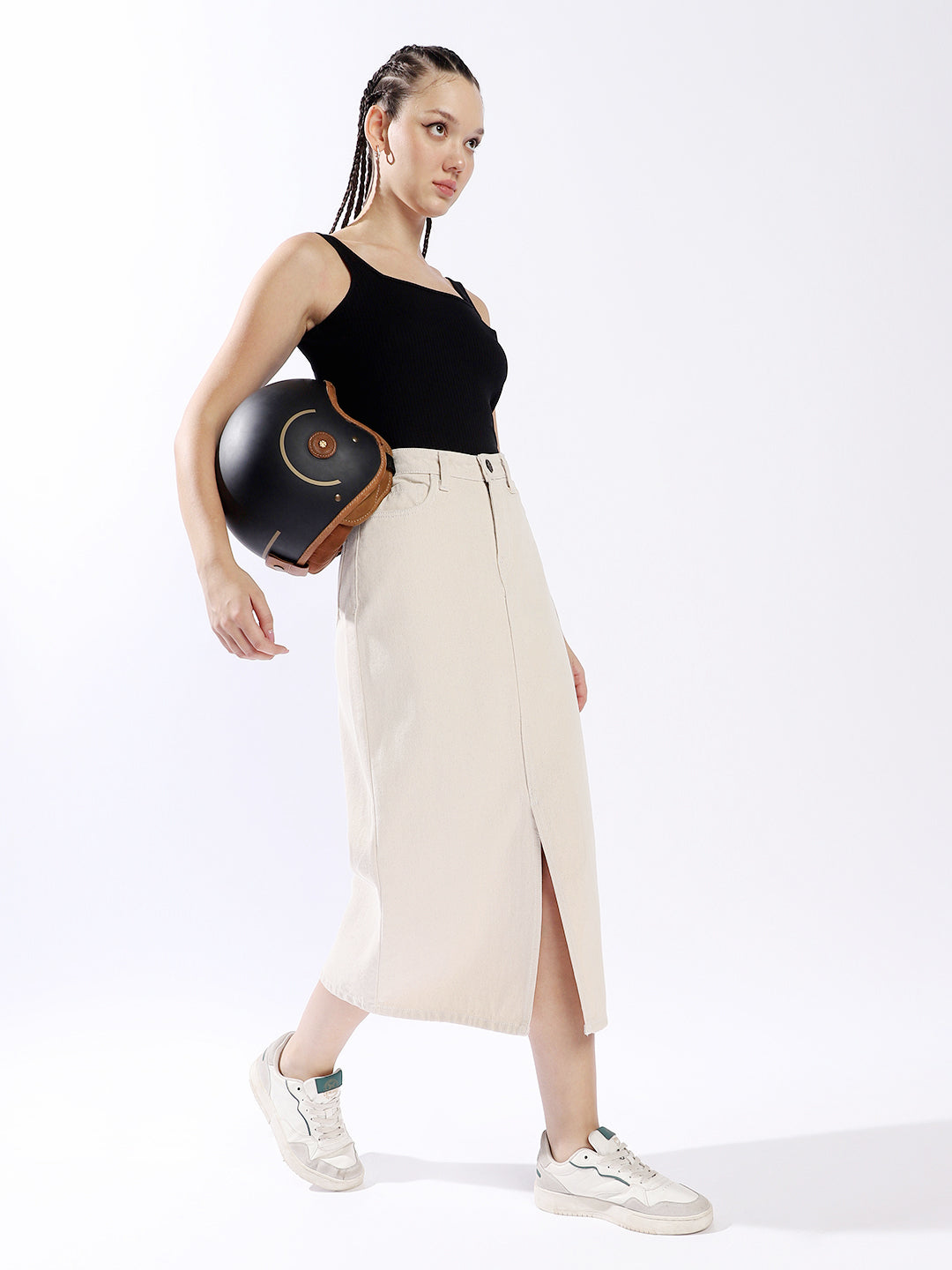 High Star Women Washed Midi Pencil  High-Rise side slit Denim Skirt