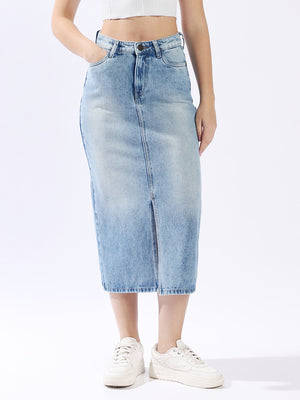 High Star Women Washed Midi Pencil  High-Rise side slit Denim Skirt