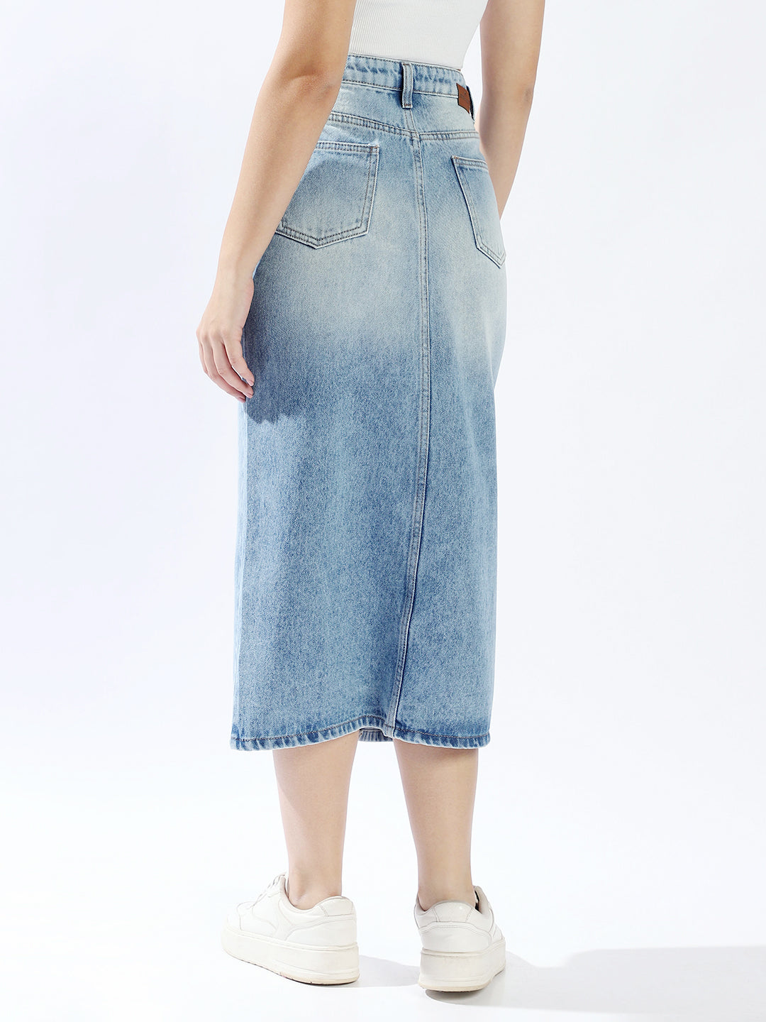 High Star Women Washed Midi Pencil  High-Rise side slit Denim Skirt
