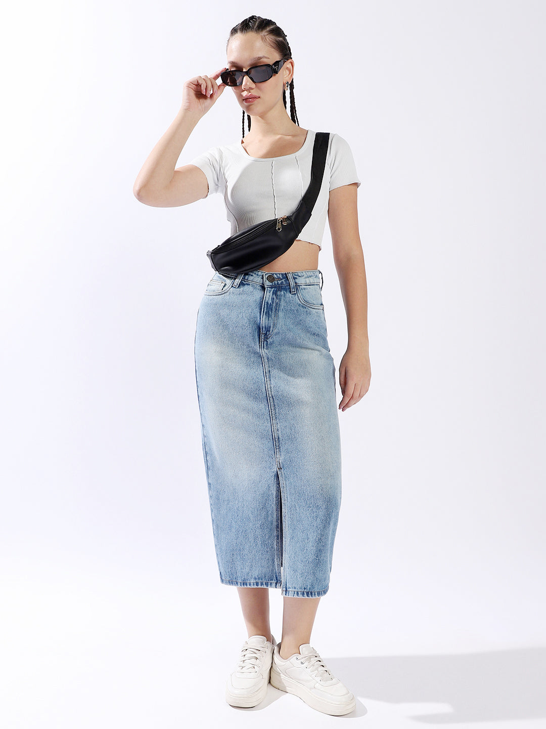 High Star Women Washed Midi Pencil  High-Rise side slit Denim Skirt
