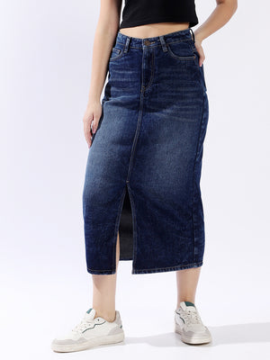 High Star Women Washed Midi Pencil  High-Rise side slit Denim Skirt