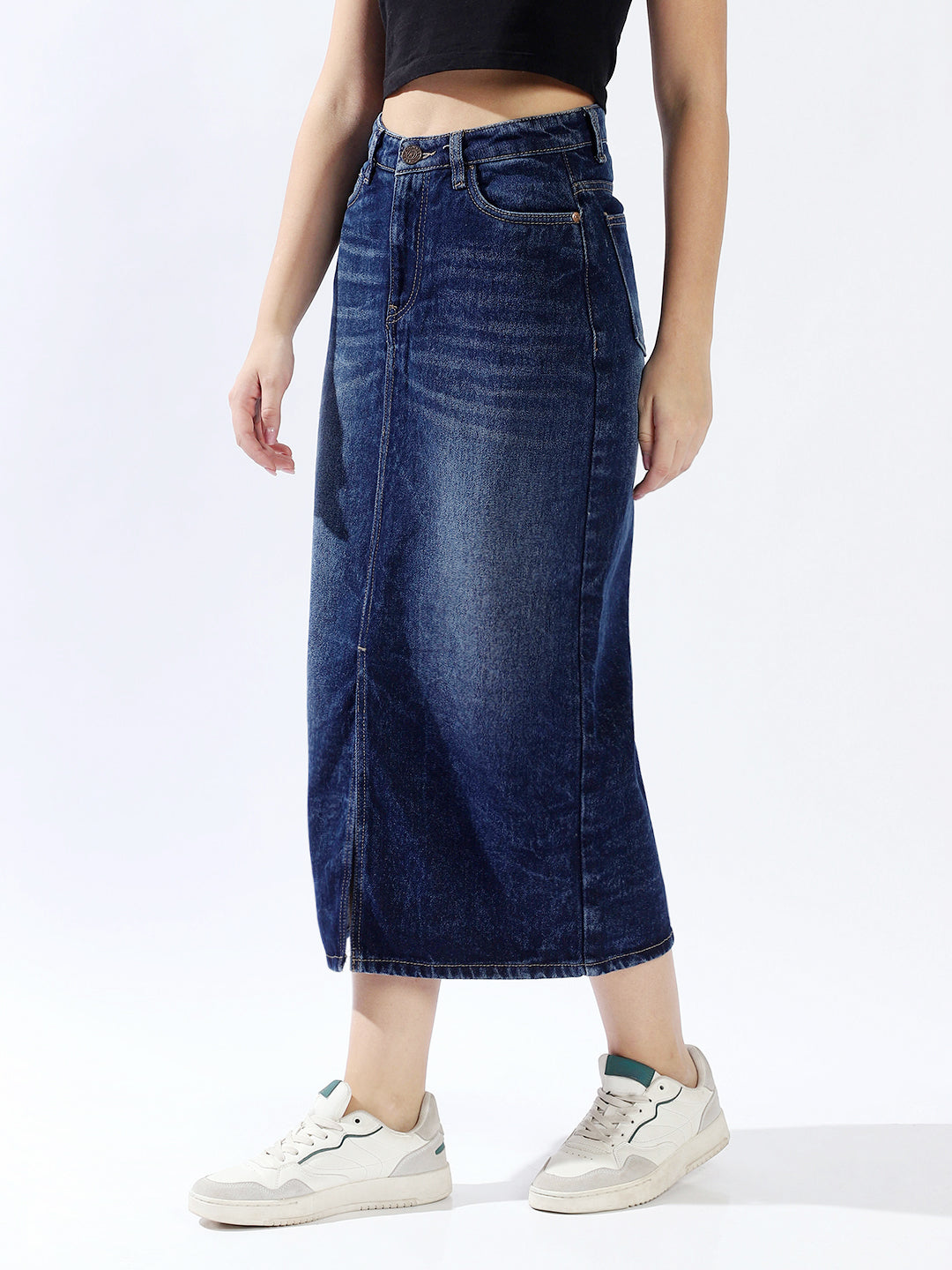 High Star Women Washed Midi Pencil  High-Rise side slit Denim Skirt