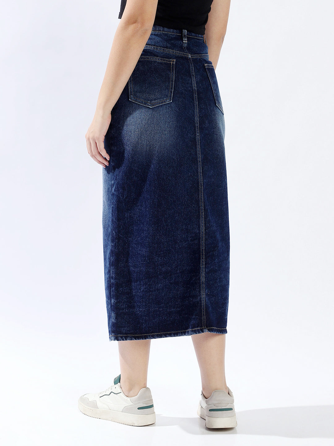 High Star Women Washed Midi Pencil  High-Rise side slit Denim Skirt