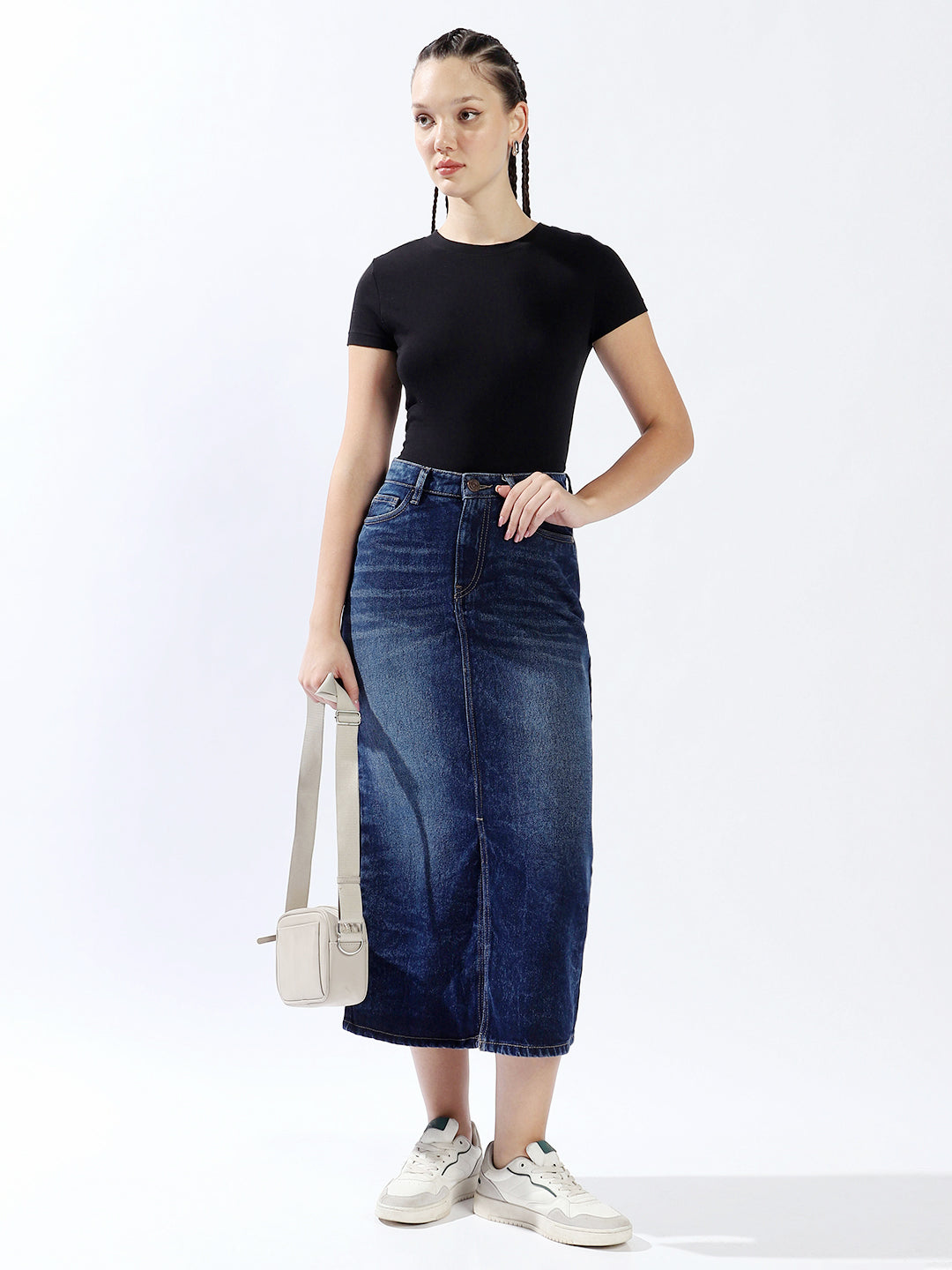 High Star Women Washed Midi Pencil  High-Rise side slit Denim Skirt