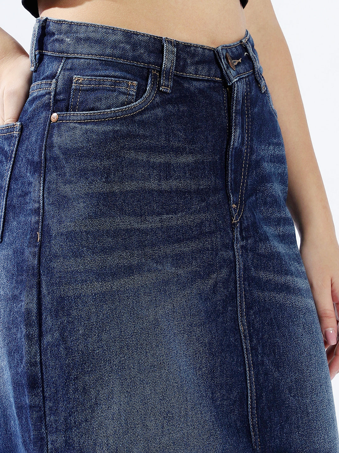 High Star Women Washed Midi Pencil  High-Rise side slit Denim Skirt