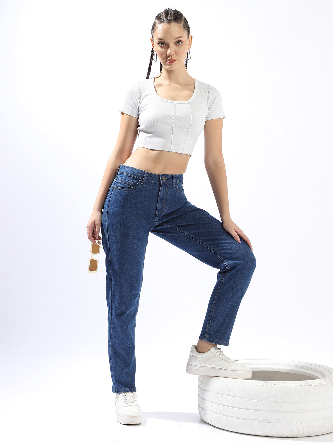 High Star Women Washed Slim mom Regular High-rise Jeans