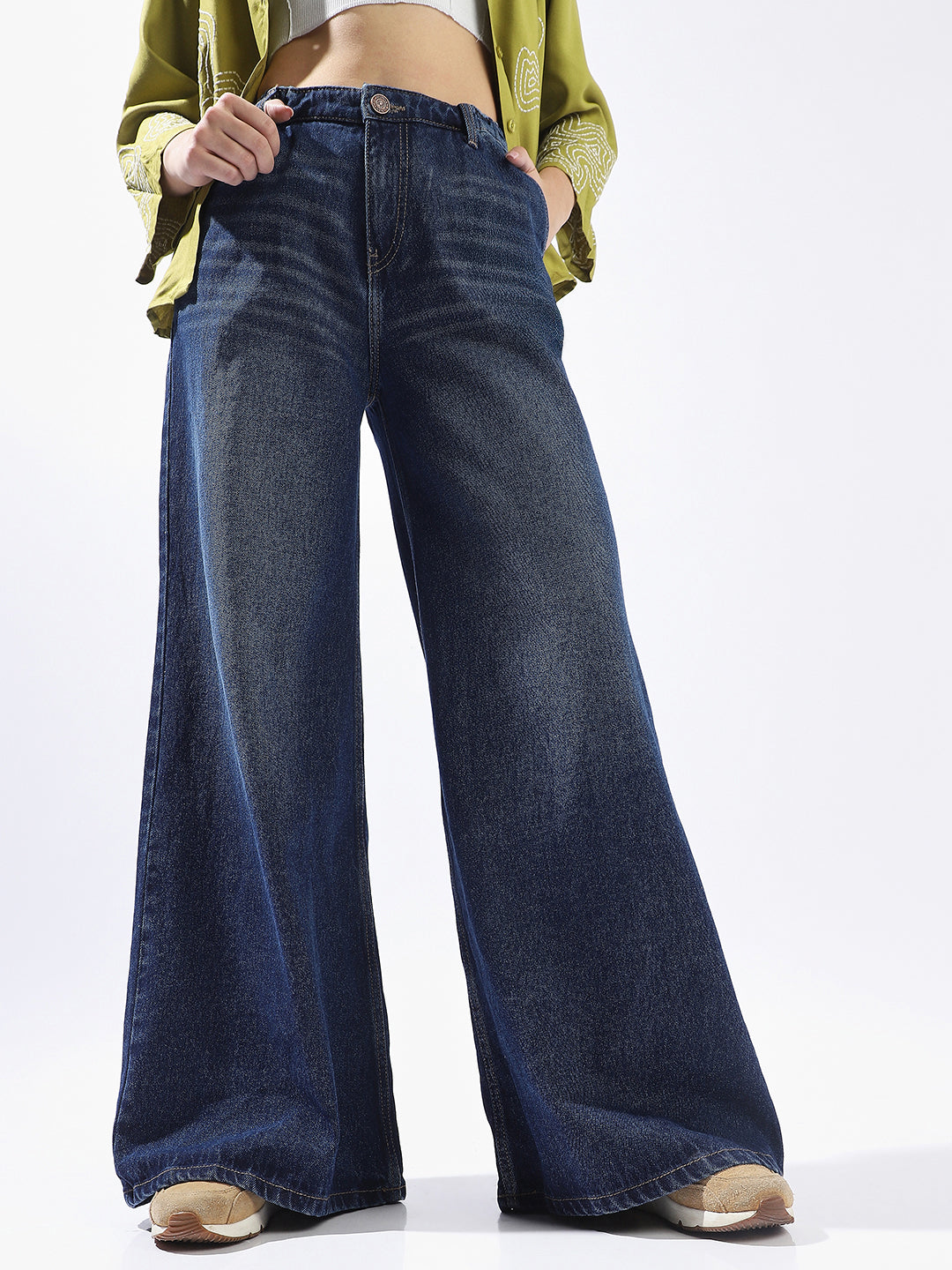 High Star Women Washed Wide Leg Regular High-Rise Straight Jeans