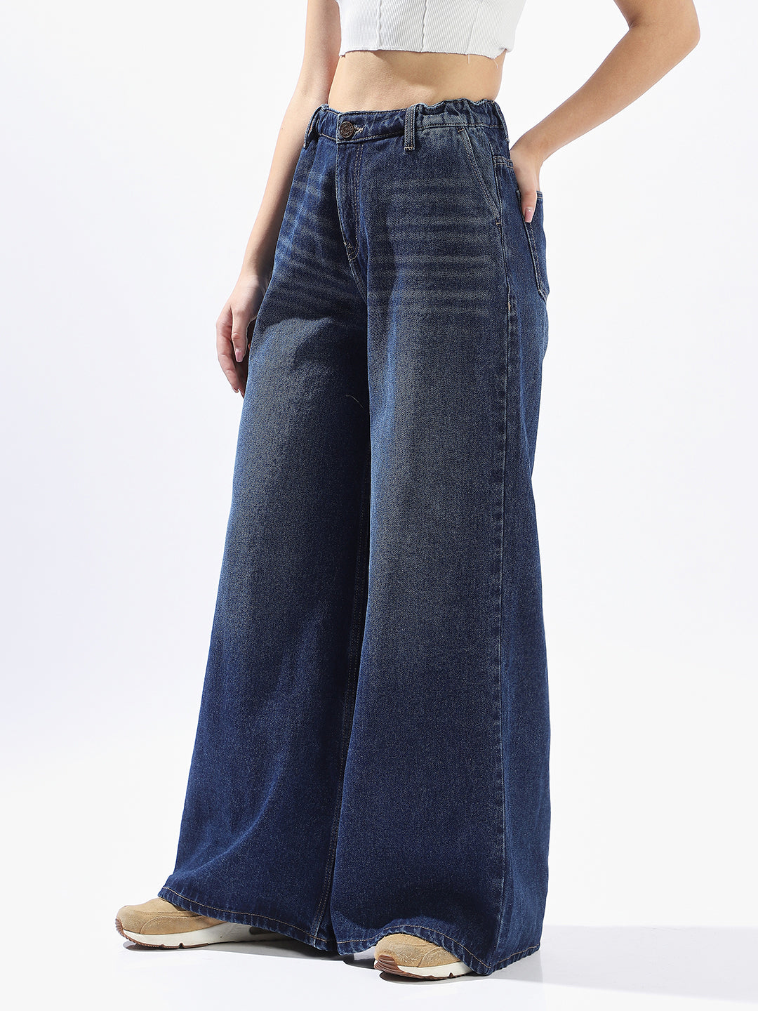High Star Women Washed Wide Leg Regular High-Rise Straight Jeans