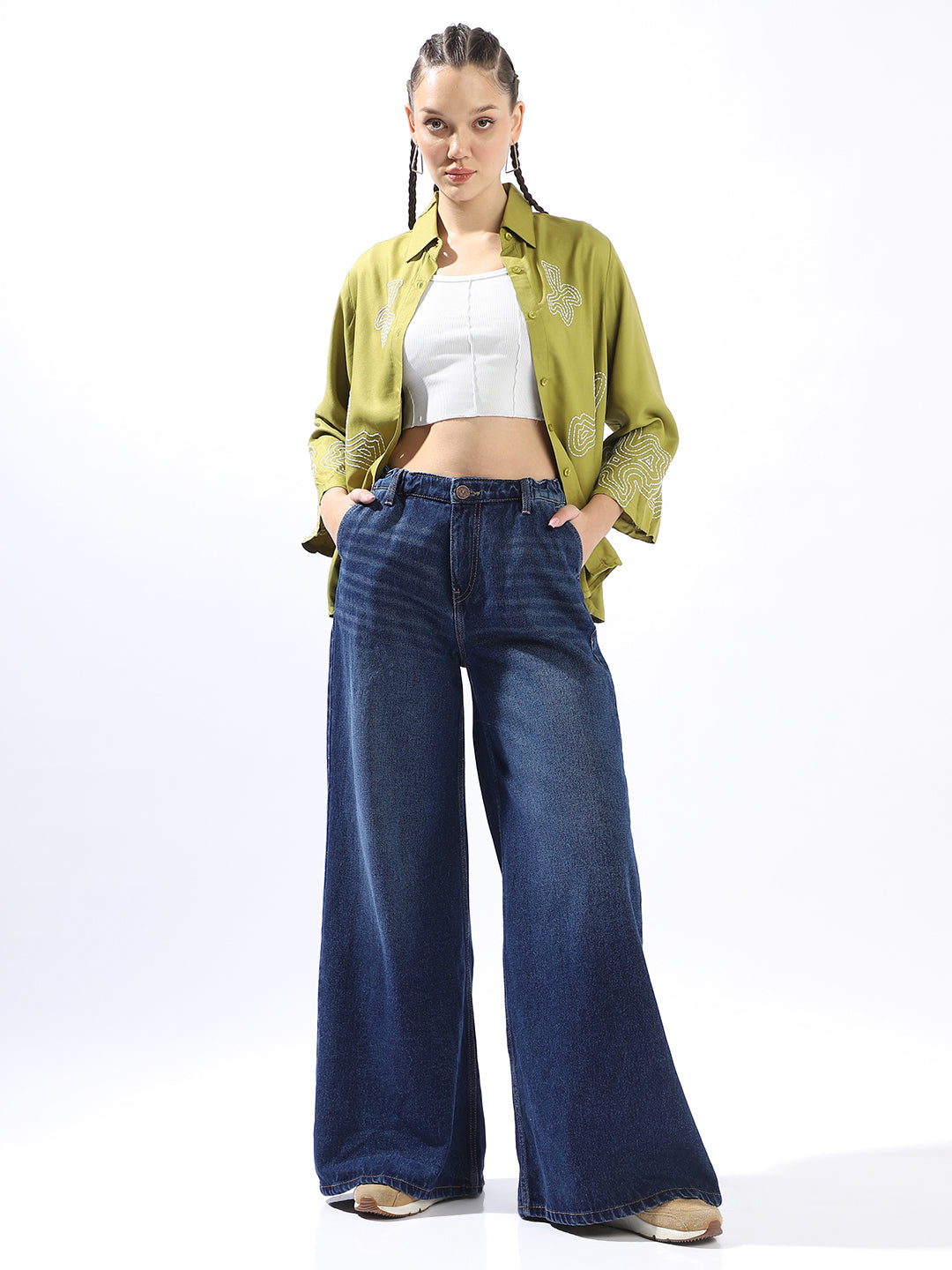 High Star Women Washed Wide Leg Regular High-Rise Straight Jeans
