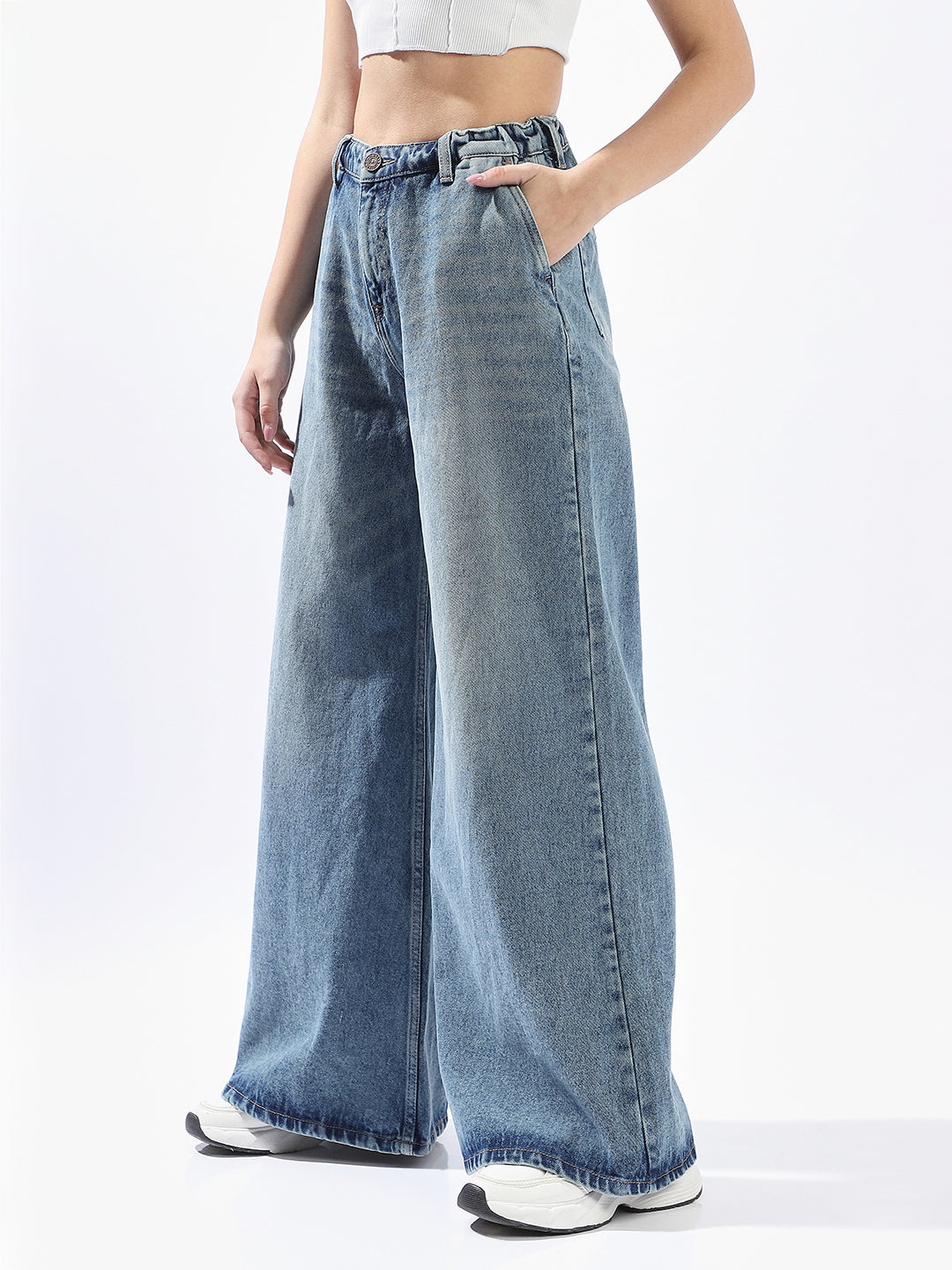 High Star Women Washed Wide Leg Regular High-Rise Straight Jeans