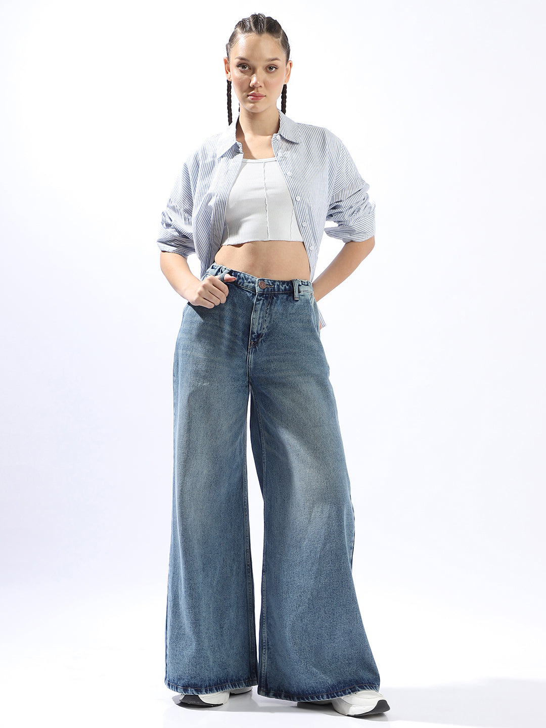High Star Women Washed Wide Leg Regular High-Rise Straight Jeans
