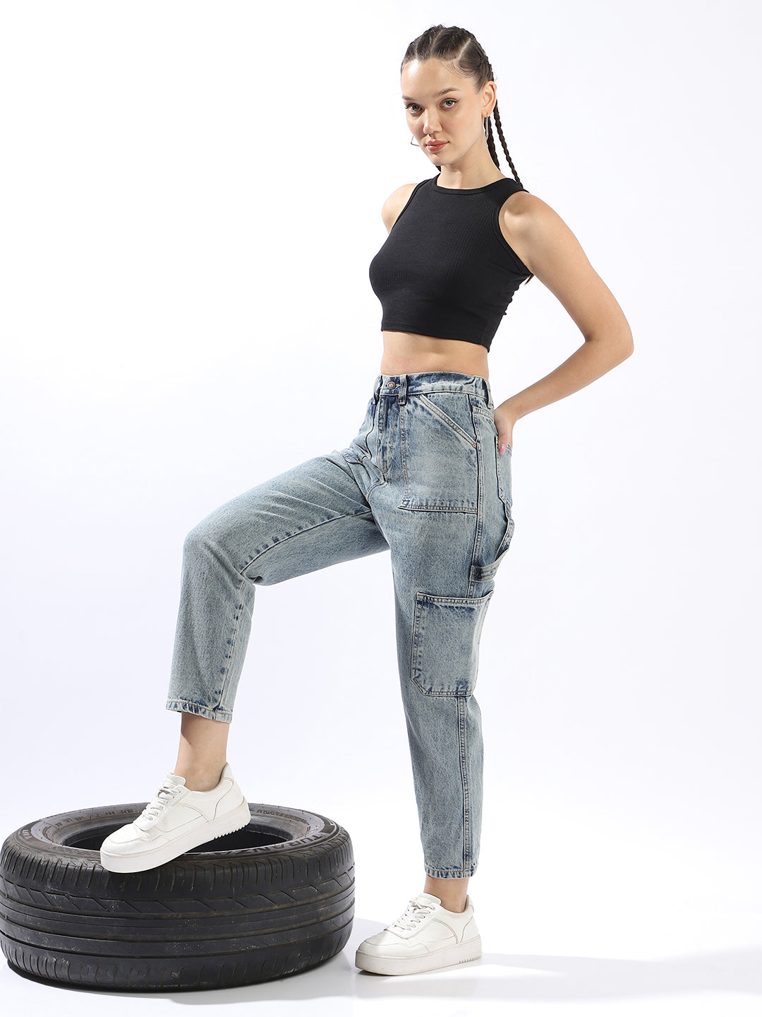 High Star Women Washed Mom Fit Regular High-Rise Straight Jeans