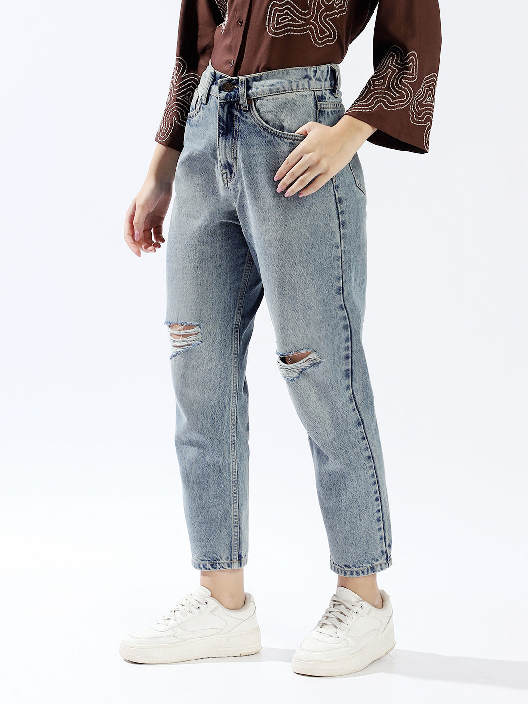 High Star Women Comfort High-Rise Heavy Fade Cotton Jeans