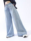 High Star Women Comfort Wide Leg High-Rise Clean Look Pure Cotton Jeans