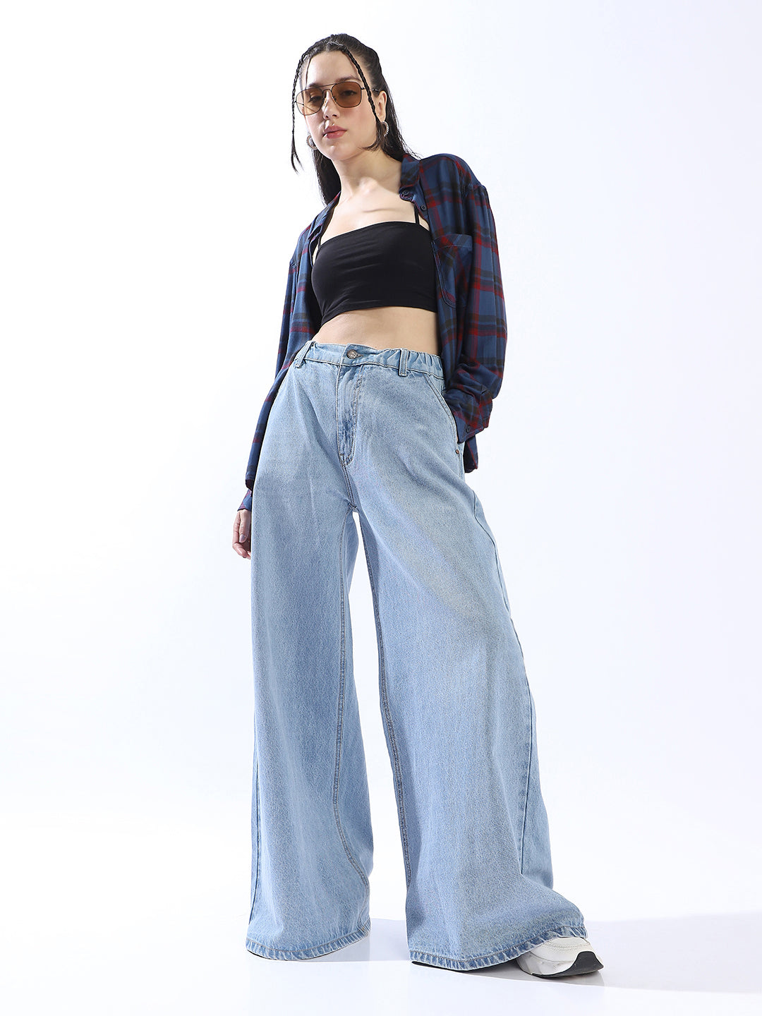 High Star Women Comfort Wide Leg High-Rise Clean Look Pure Cotton Jeans