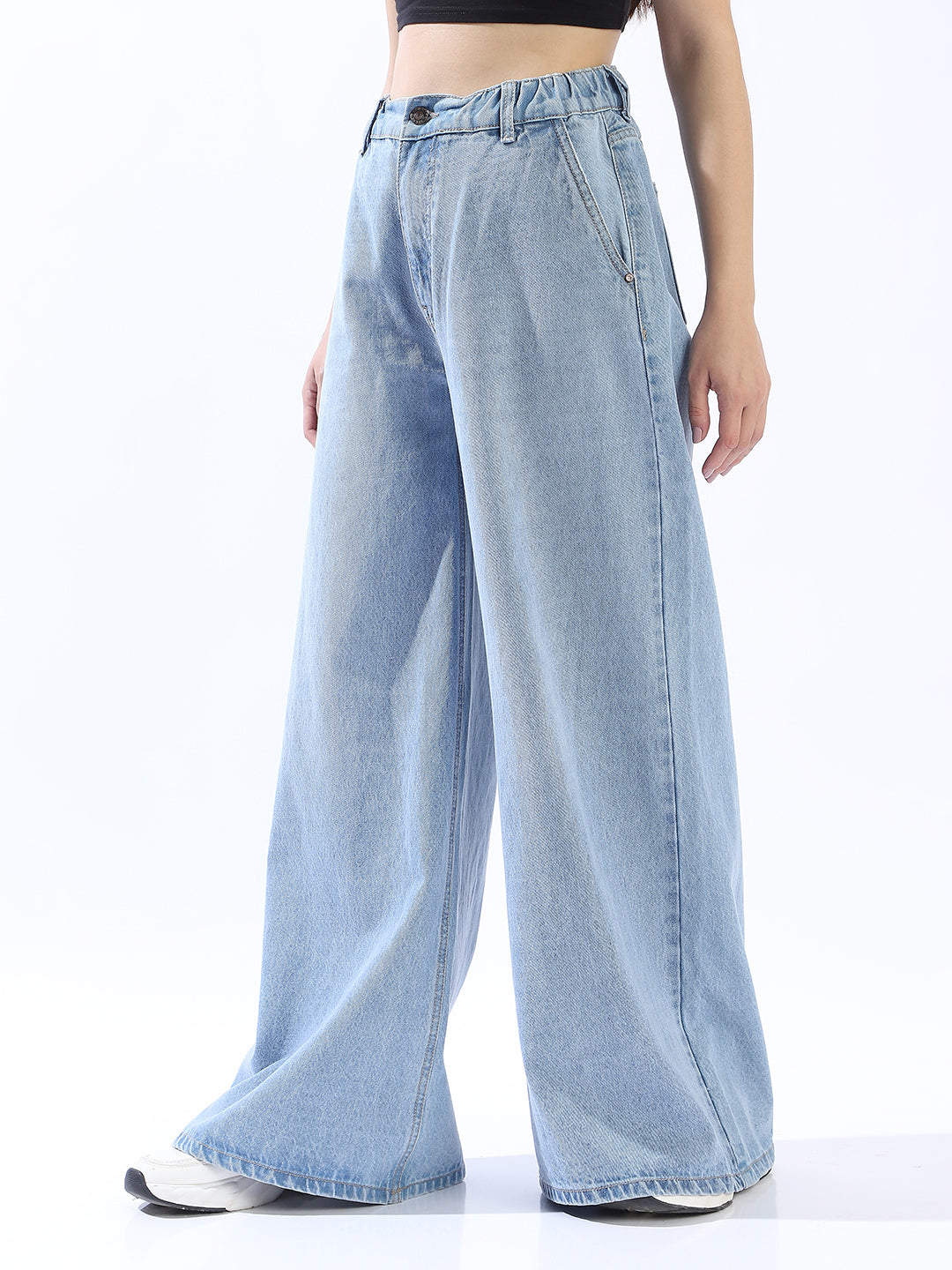 High Star Women Comfort Wide Leg High-Rise Clean Look Pure Cotton Jeans