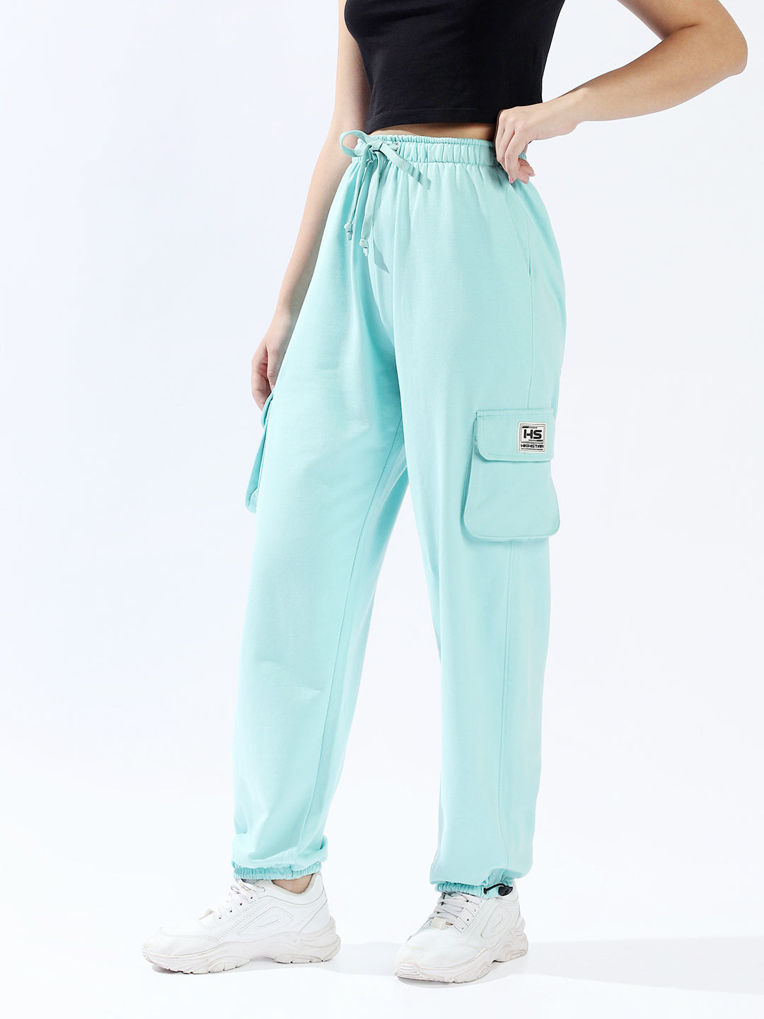 High Star Women Solid Knitted Jogger Loose Fit High-Rise Casual Trackpants