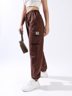 High Star Women Solid Knitted Jogger Loose Fit High-Rise Casual Trackpants
