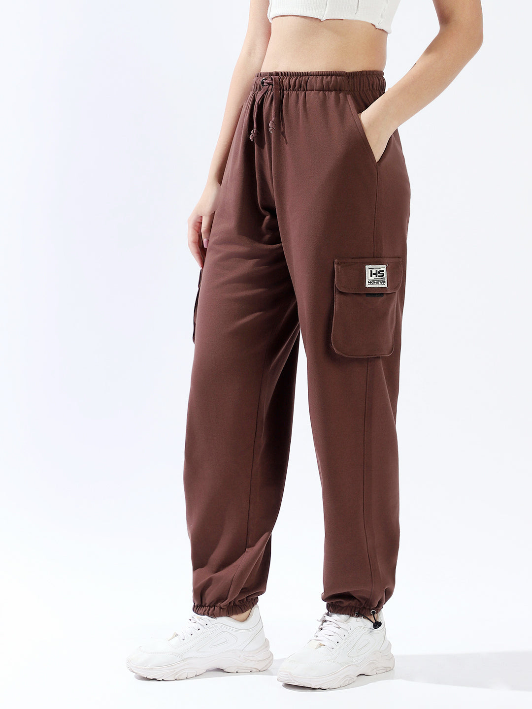 High Star Women Solid Knitted Jogger Loose Fit High-Rise Casual Trackpants