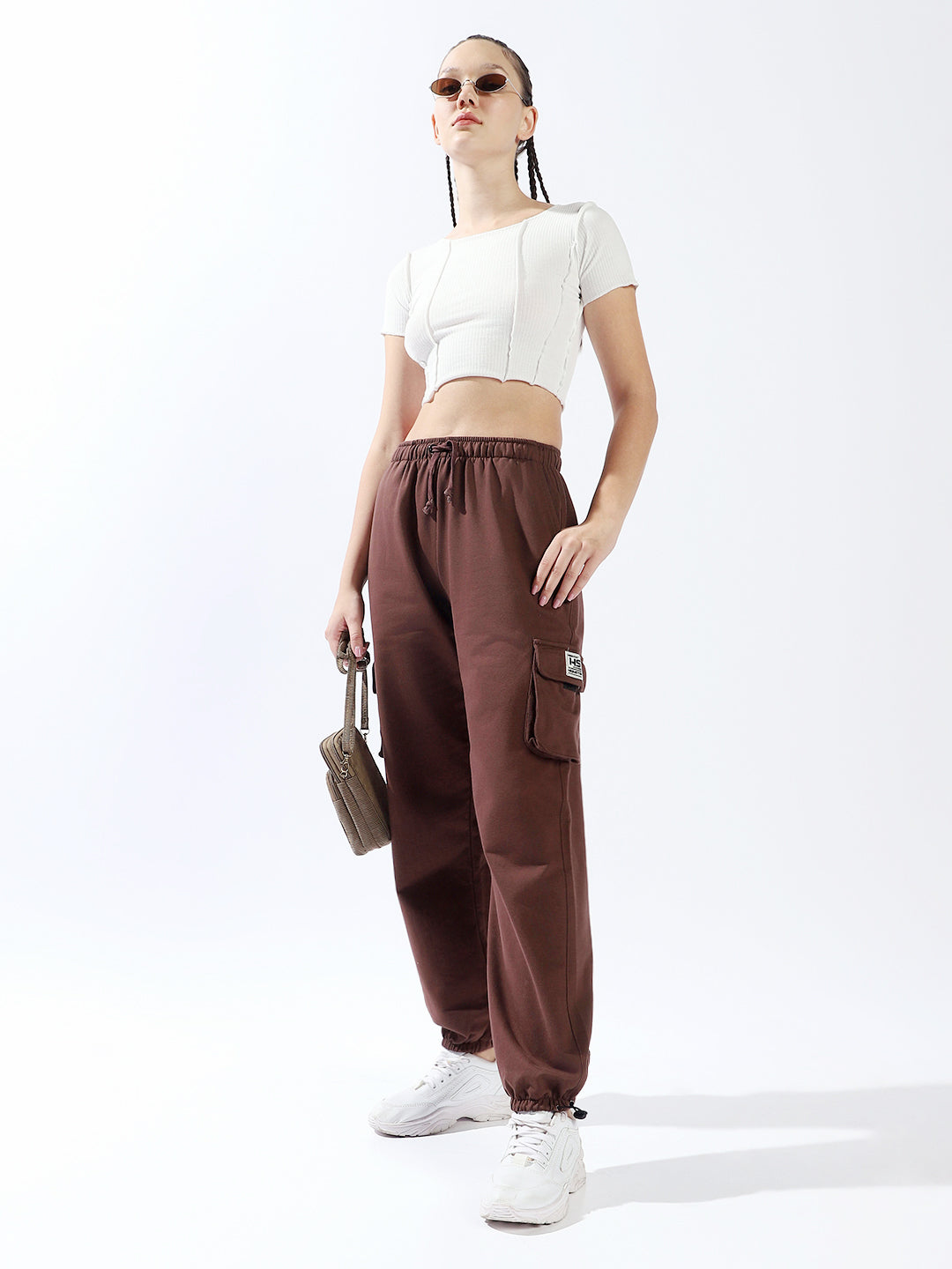High Star Women Solid Knitted Jogger Loose Fit High-Rise Casual Trackpants