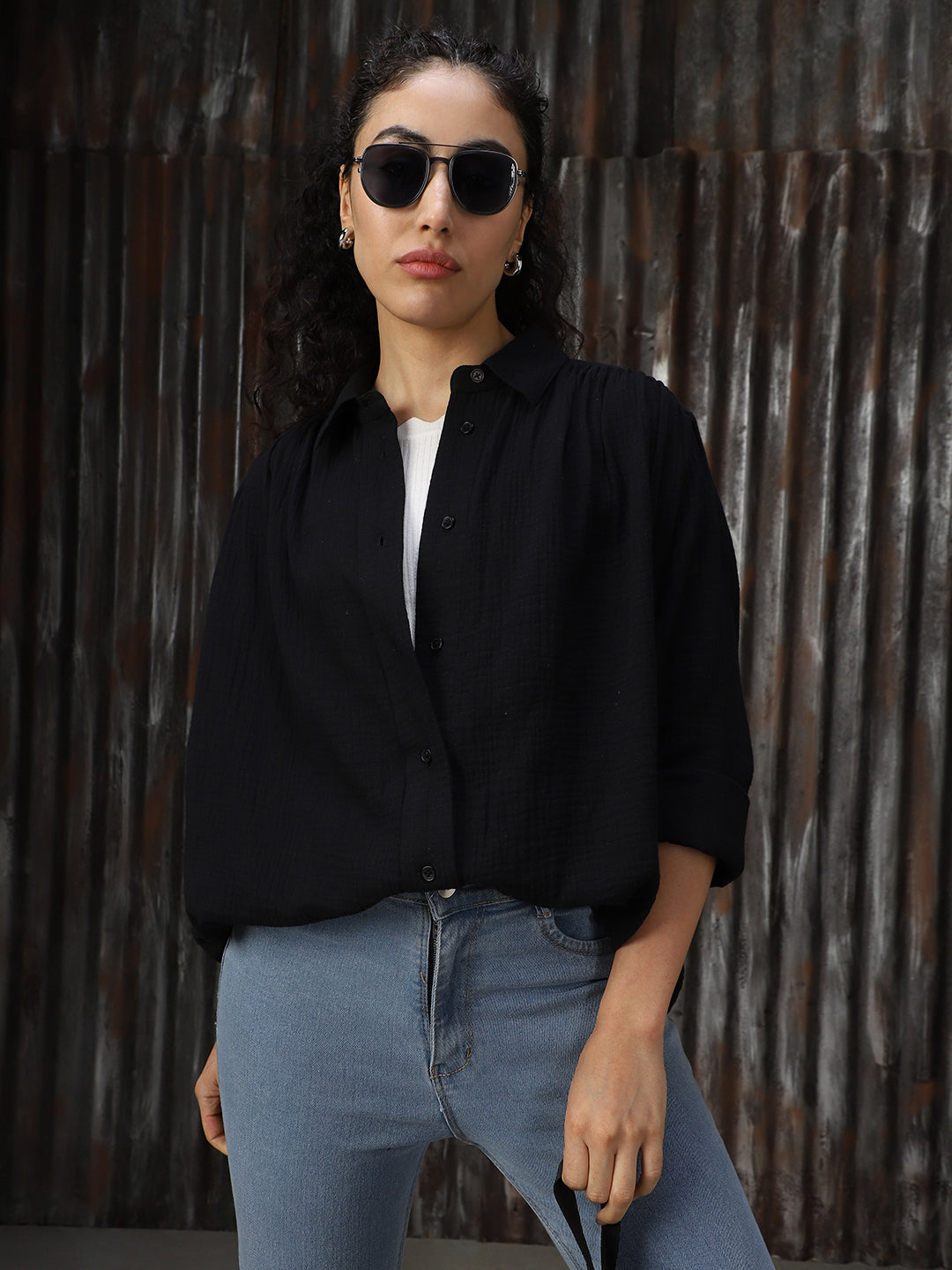 Women Solid Cotton Relaxed Fit  Collar Long Sleeve Shirts