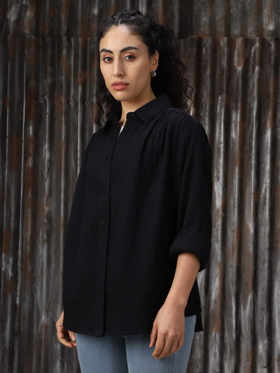 Women Solid Cotton Relaxed Fit  Collar Long Sleeve Shirts