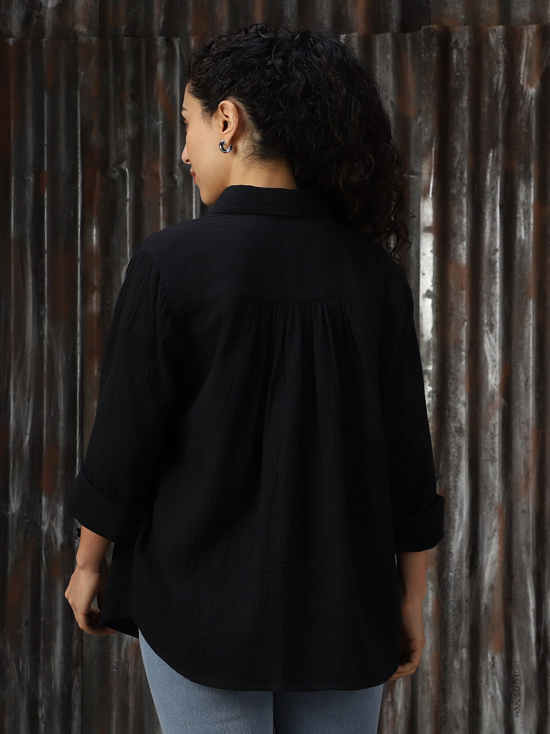 Women Solid Cotton Relaxed Fit  Collar Long Sleeve Shirts