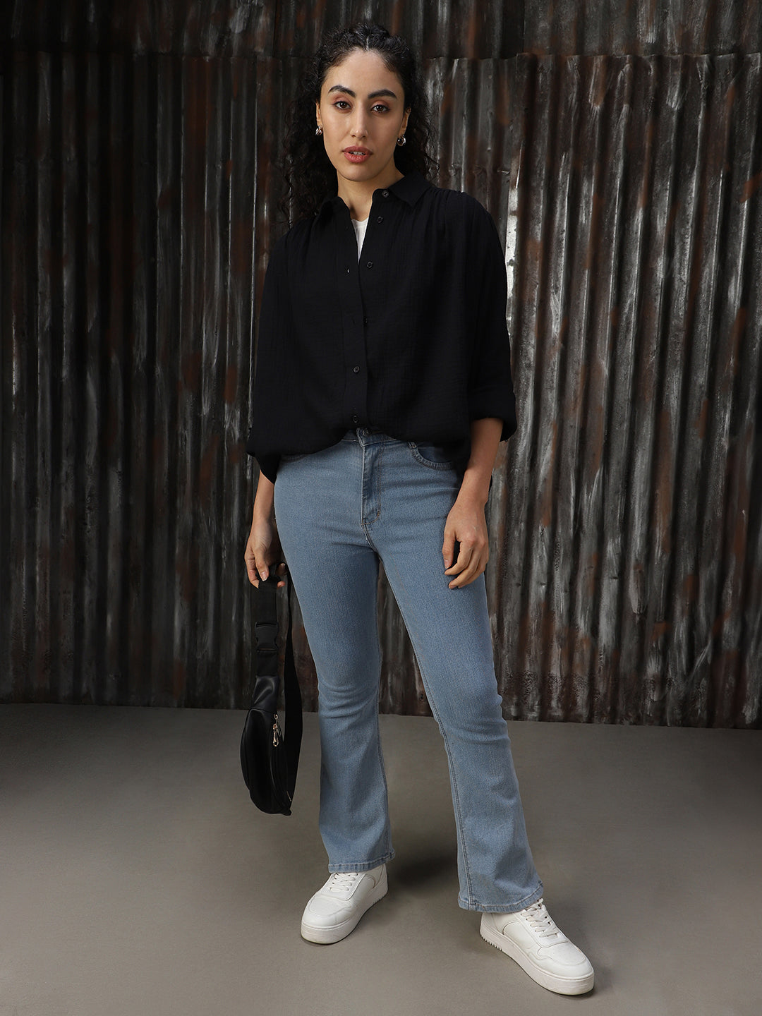 Women Solid Cotton Relaxed Fit  Collar Long Sleeve Shirts