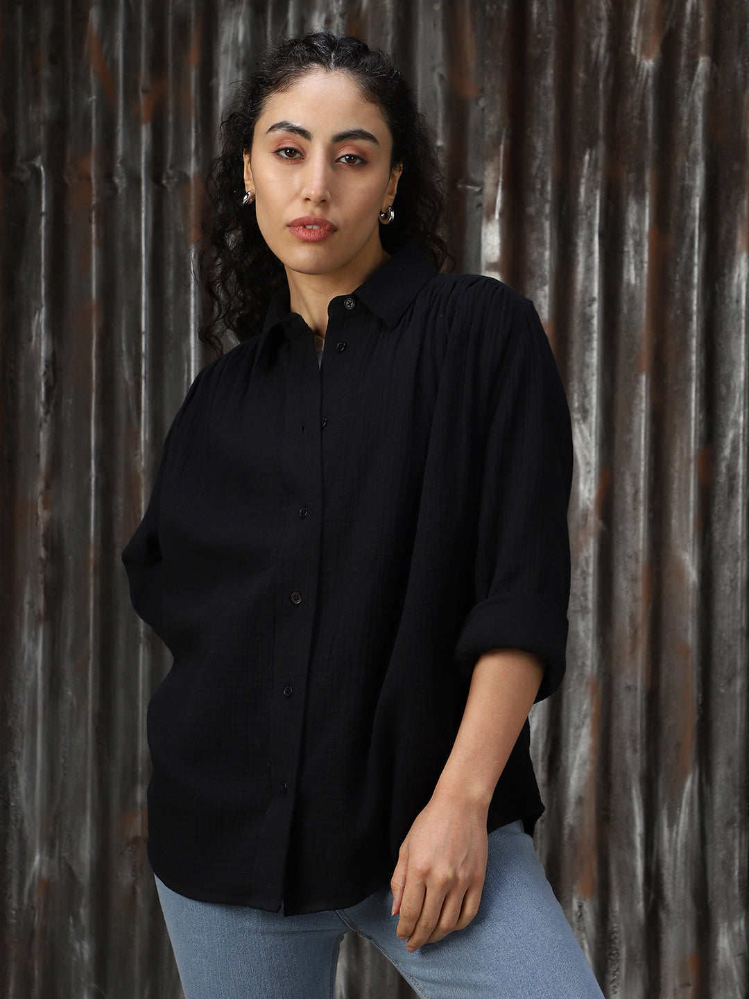 Women Solid Cotton Relaxed Fit  Collar Long Sleeve Shirts
