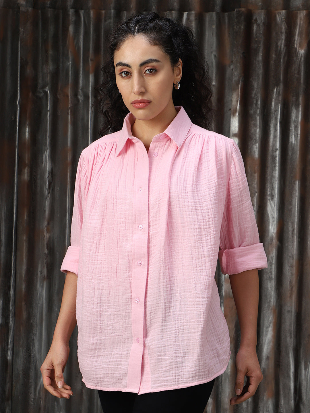 Women Solid Cotton Relaxed Fit  Collar Long Sleeve Shirts